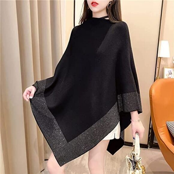 La Fiorentina Black Poncho with Embellished Border” - Picture 2 of 9